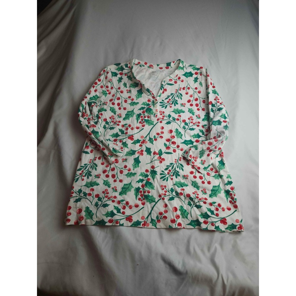 Kim Rogers Perfectly Soft Cotton Holiday Holly Berry Henley Top White Womens L